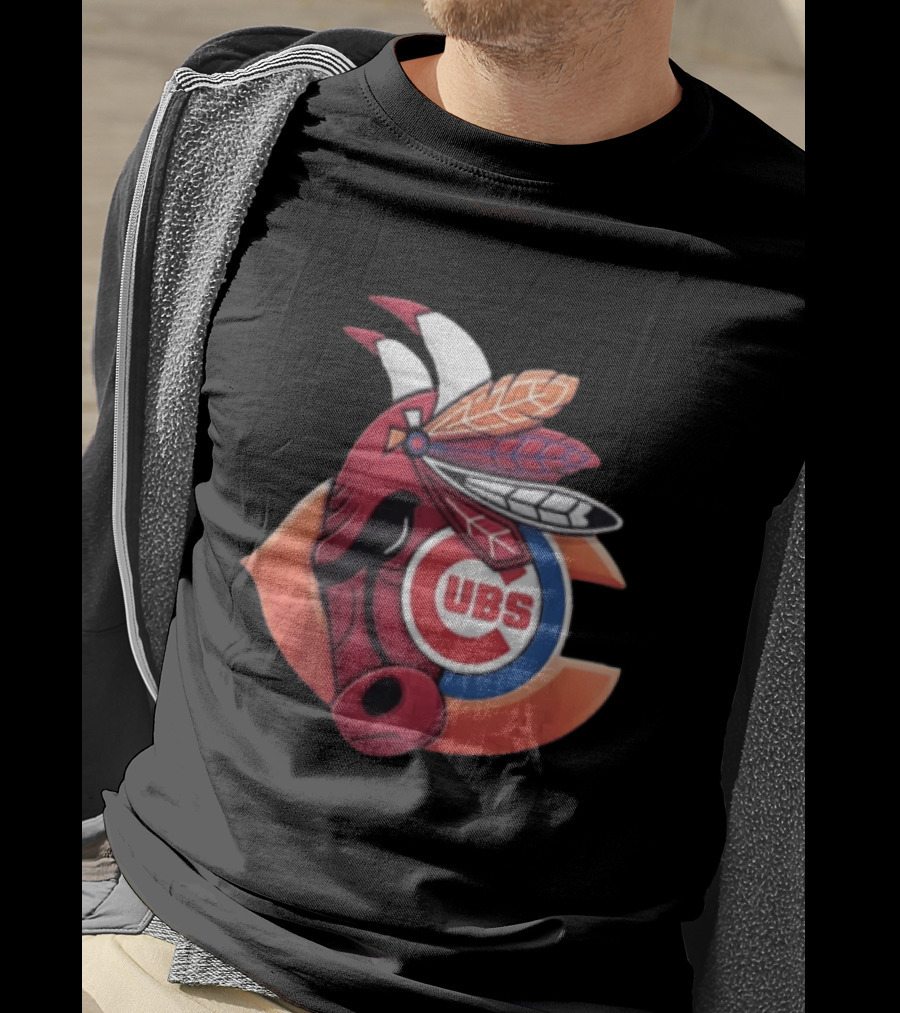 Chicago Bears Cubs Red Bull Native American Headdress T-Shirt