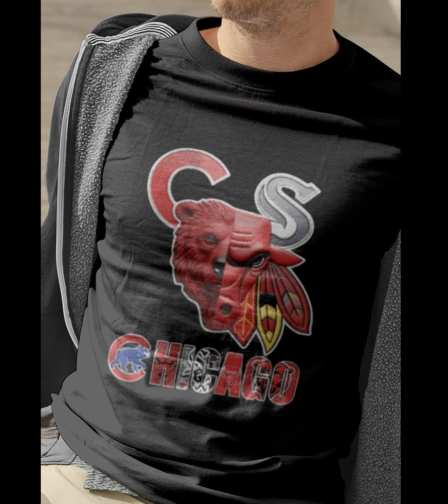 Chicago Cubs Bulls Blackhawks Split Face Bear Bull T-Shirt