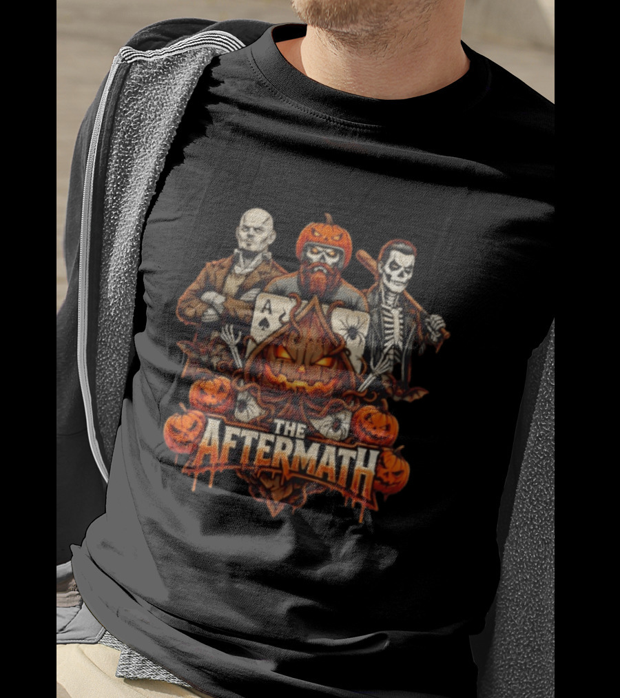 The Aftermath Halloween Pumpkin Trio With Cards Skeleton And Bald Man 2026 T-Shirt