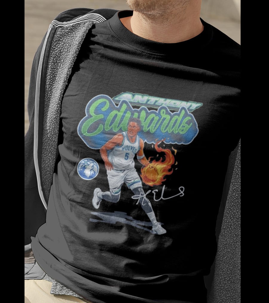 Anthony Edwards Wolves Cursive Script Basketball Flame Edit T-Shirt