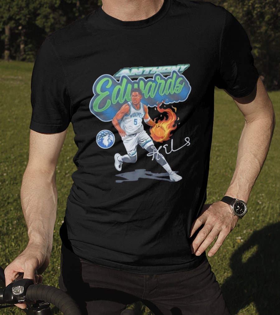 Anthony Edwards Wolves Cursive Script Basketball Flame Edit T-Shirt