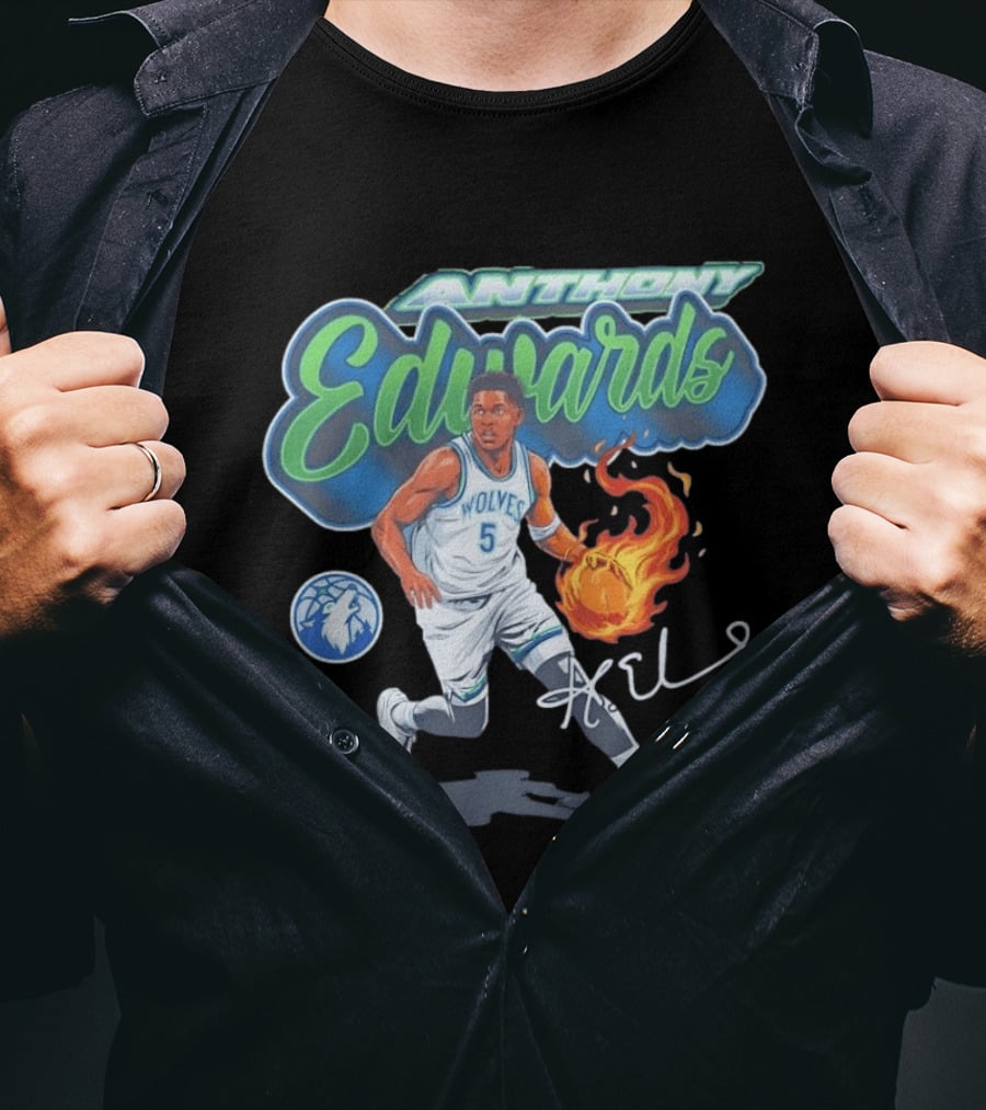 Anthony Edwards Wolves Cursive Script Basketball Flame Edit T-Shirt