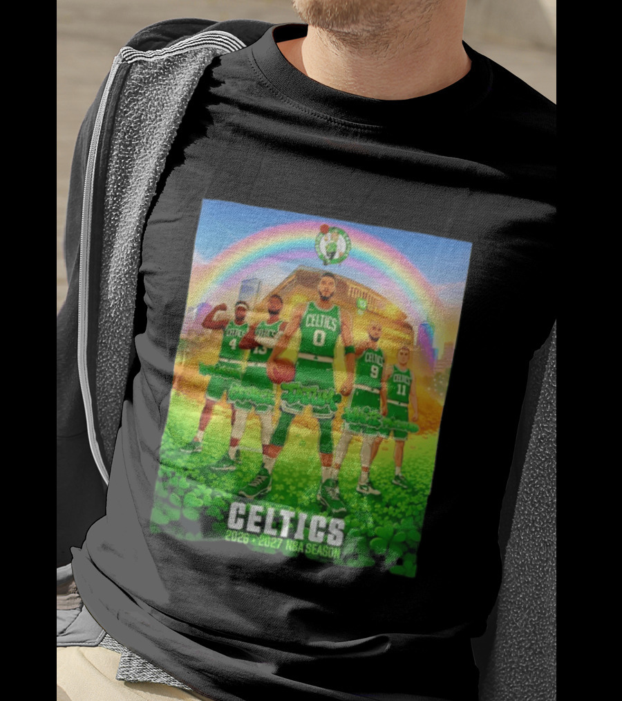 Boston Celtics 2026 2027 NBA Season Tatum George White Robinson Pritchard Basketball Team Players Under Rainbow Scene T-Shirt