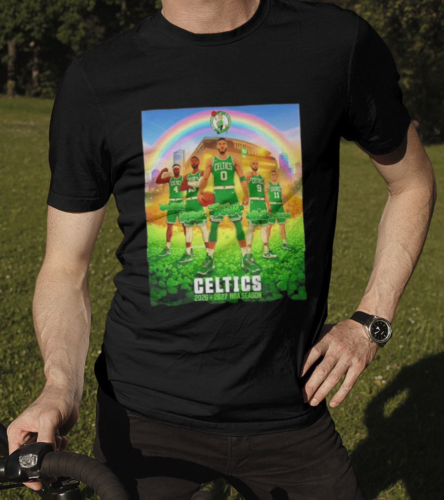 Boston Celtics 2026 2027 NBA Season Tatum George White Robinson Pritchard Basketball Team Players Under Rainbow Scene T-Shirt