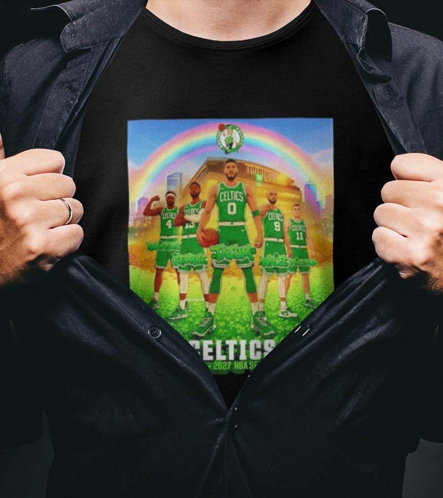 Boston Celtics 2026 2027 NBA Season Tatum George White Robinson Pritchard Basketball Team Players Under Rainbow Scene T-Shirt