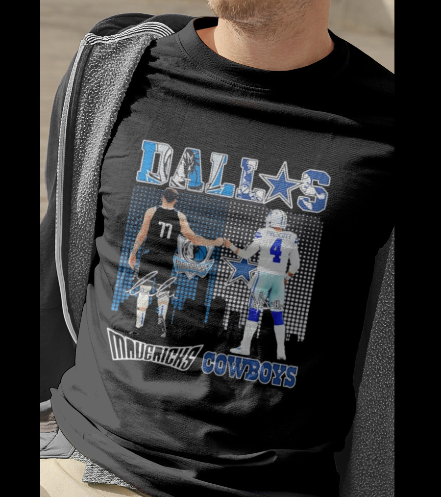Dallas Mavericks Cowboys Skyline Signatures Luka Doncic Dak Prescott T-Shirt