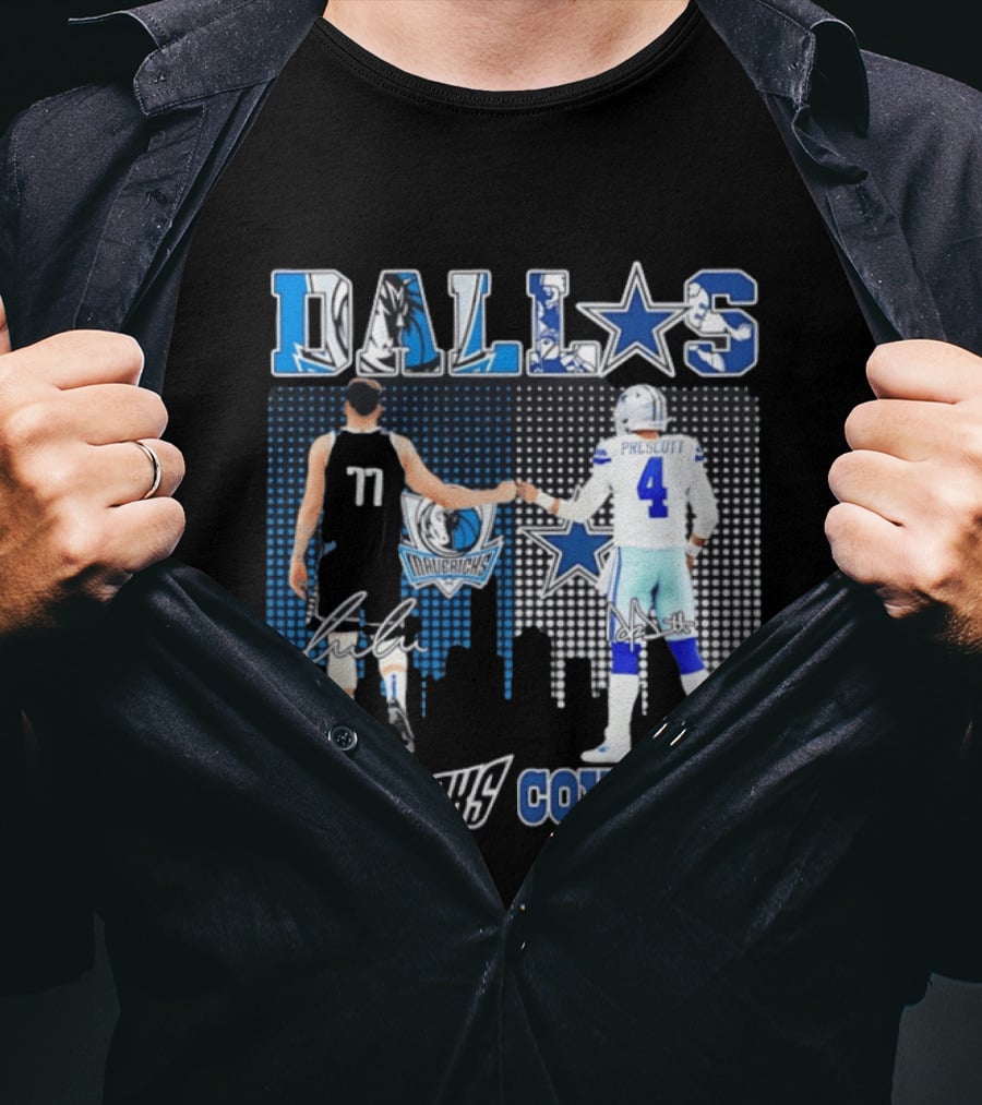 Dallas Mavericks Cowboys Skyline Signatures Luka Doncic Dak Prescott T-Shirt