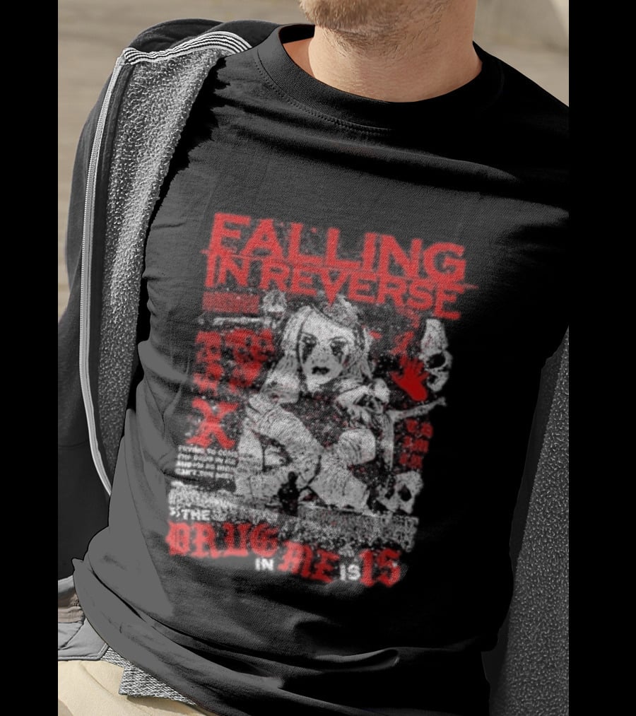 Falling In Reverse The Drug In Me Is 15 Anniversary Punk Gothic Red Text And Illustrations T-Shirt