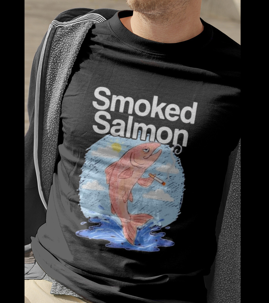 Smoked Salmon Smoking Fish Humorous Cartoon Design With Cloud And Water T-Shirt