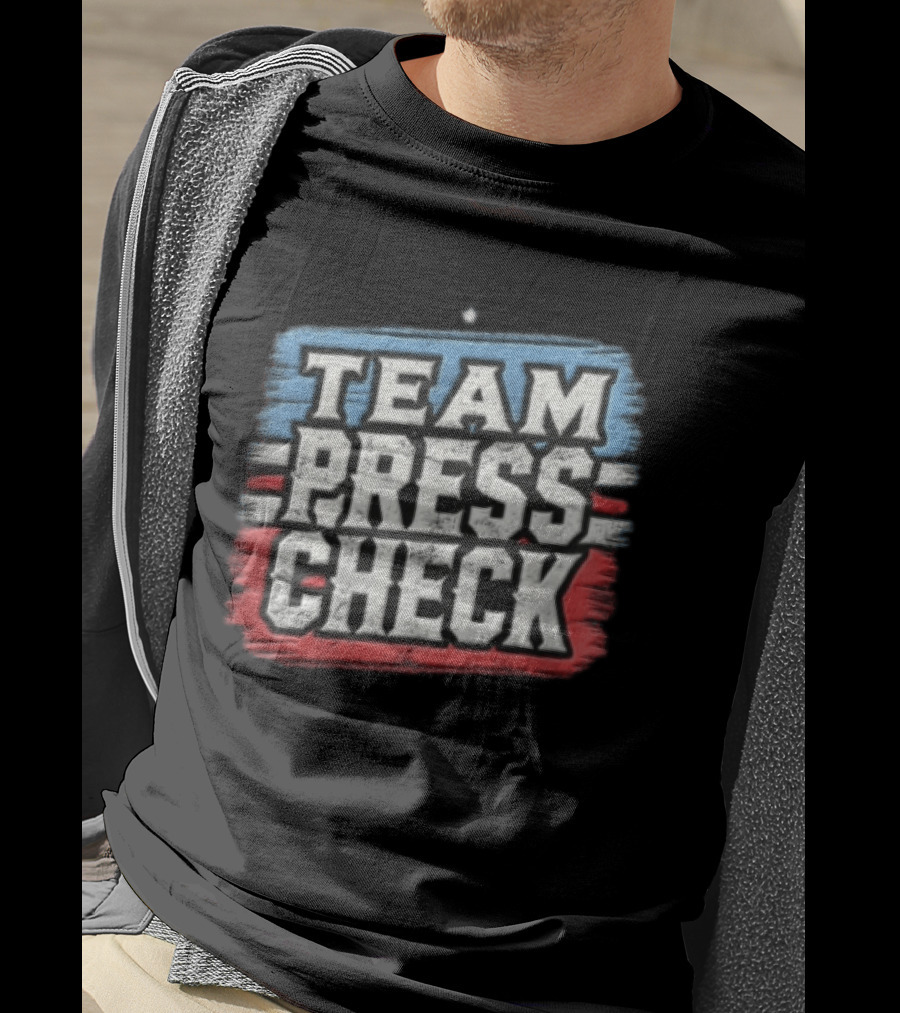 Team Press Check Bold Text On Red And Blue Stripes T-Shirt