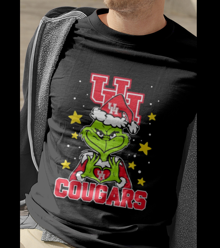 Grinch UH Houston Cougars Christmas Santa Hat Snow Stars T-Shirt