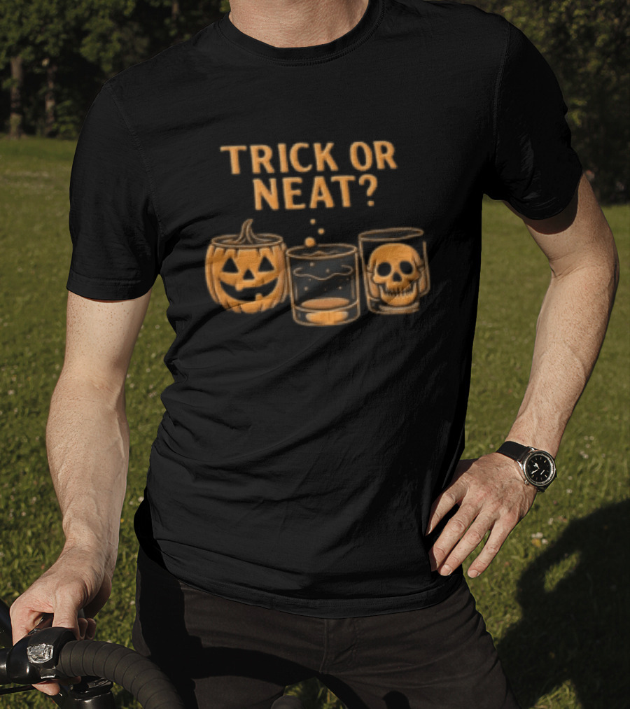 Trick Or Neat Jack O Lantern Whiskey Glass Skull T-Shirt