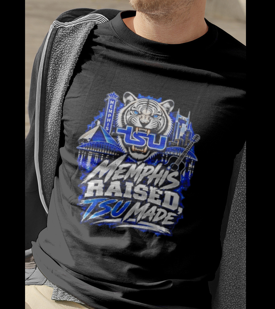 Memphis Raised TSU Made Tiger Skyline Guitar Blueprint T-Shirt