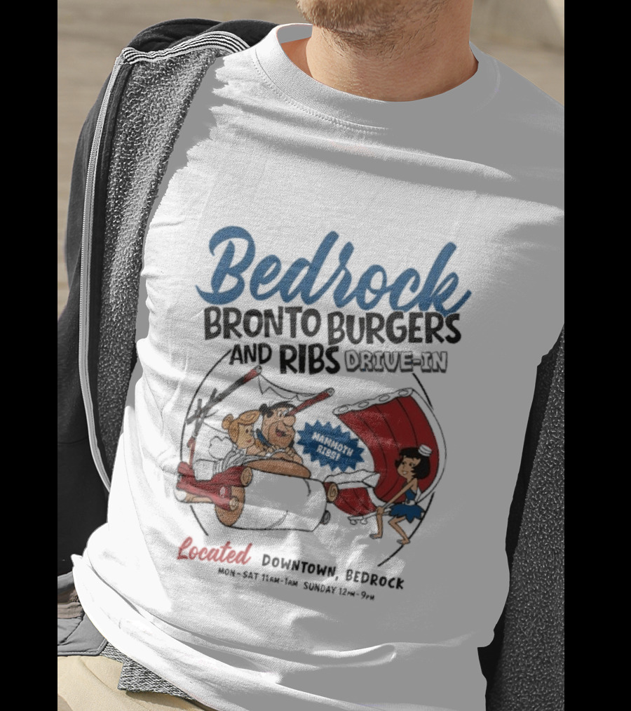Bedrock Bronto Burgers And Ribs Drive In Downtown Bedrock Fred Flintstone Car And Dino Ribs T-Shirt