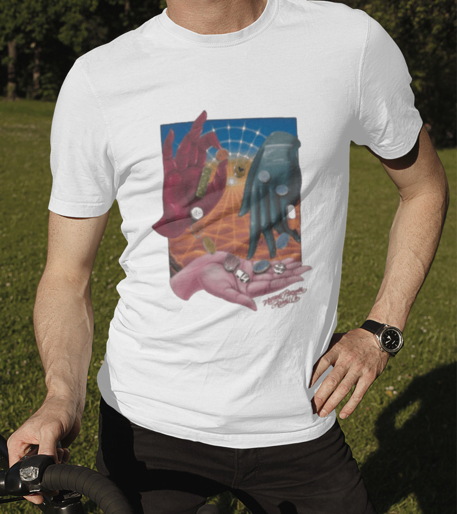 Nothing Personal X Asaali Surreal Hands With Coins And Geometric Grid T-Shirt