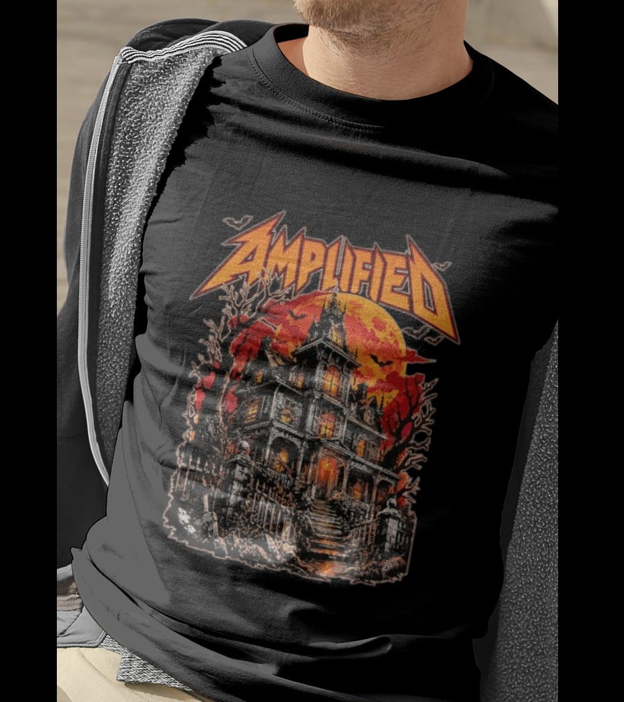 Amplified Haunted House Creepy Mansion With Eerie Full Moon And Dark Trees T-Shirt