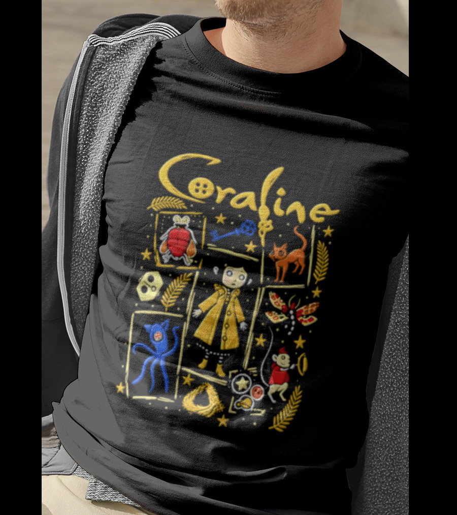 Coraline Characters Key Yellow Coat Cat Other Mother Neil Gaiman T-Shirt