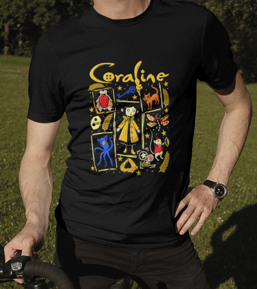 Coraline Characters Key Yellow Coat Cat Other Mother Neil Gaiman T-Shirt