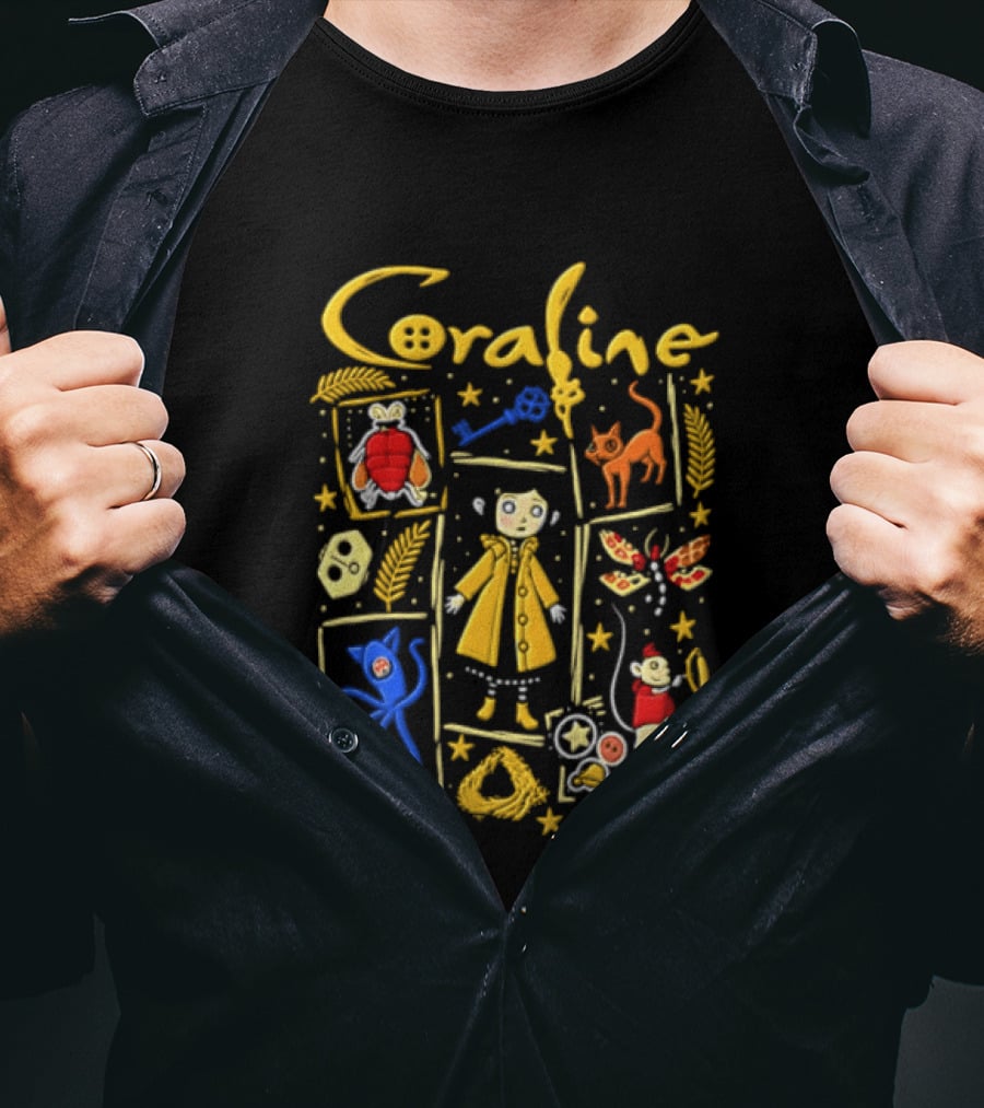Coraline Characters Key Yellow Coat Cat Other Mother Neil Gaiman T-Shirt