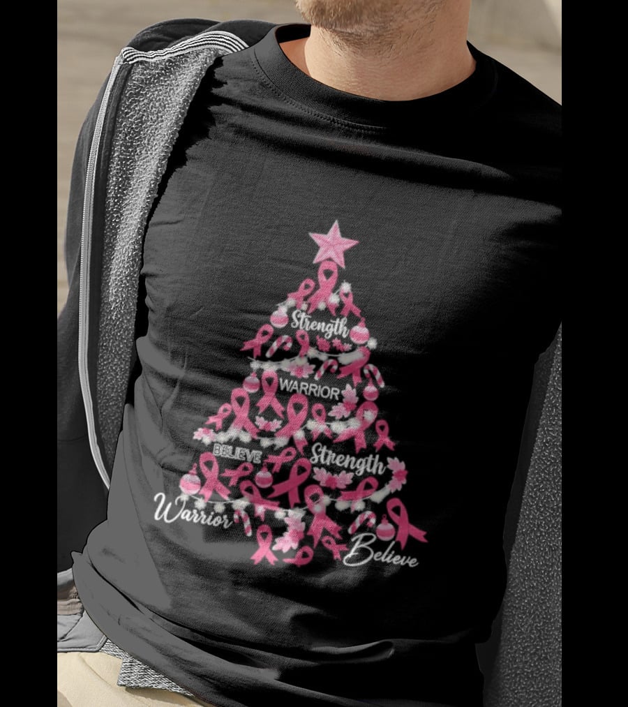 Warrior Strength Believe Breast Cancer Awareness Christmas Tree T-Shirt