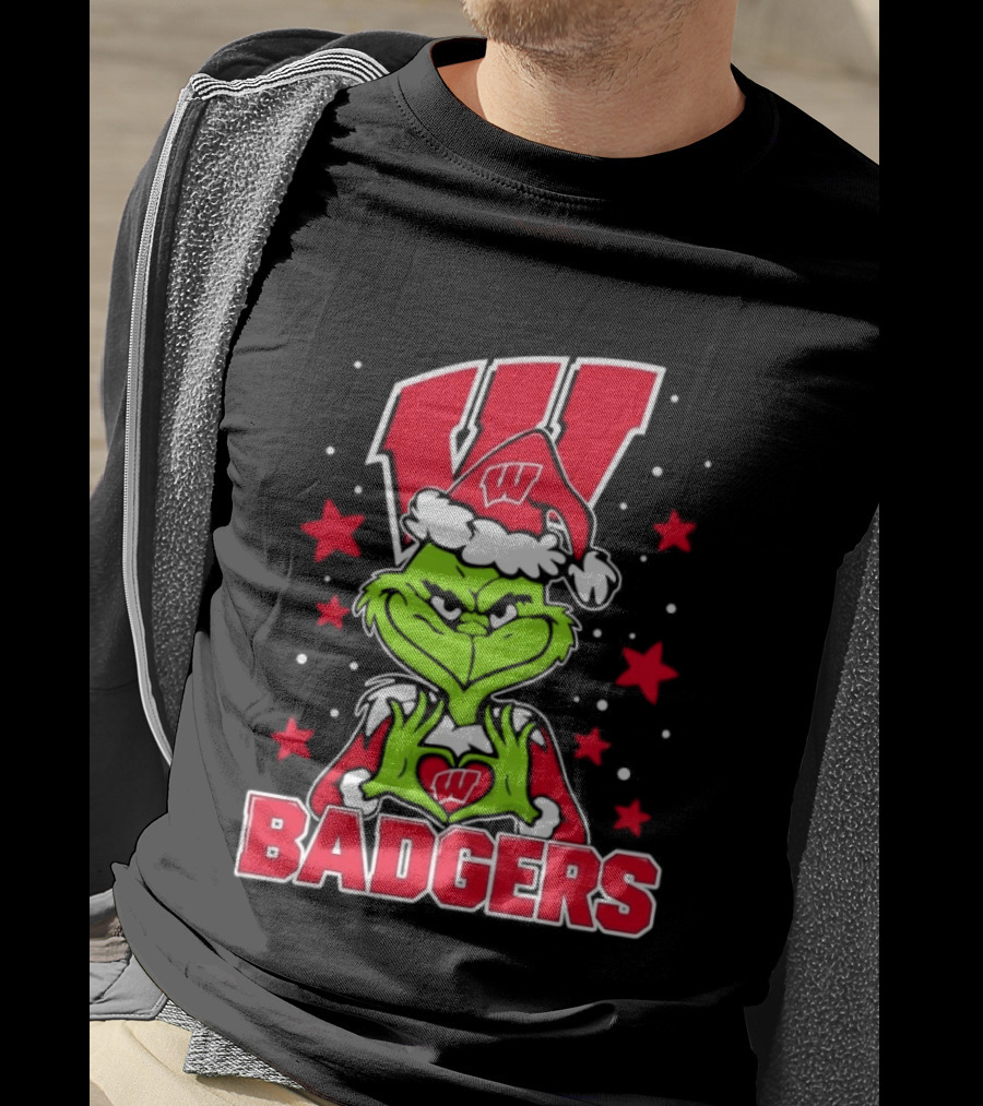 Grinch Wearing Wisconsin Badgers Hat Christmas Sports Fan T-Shirt