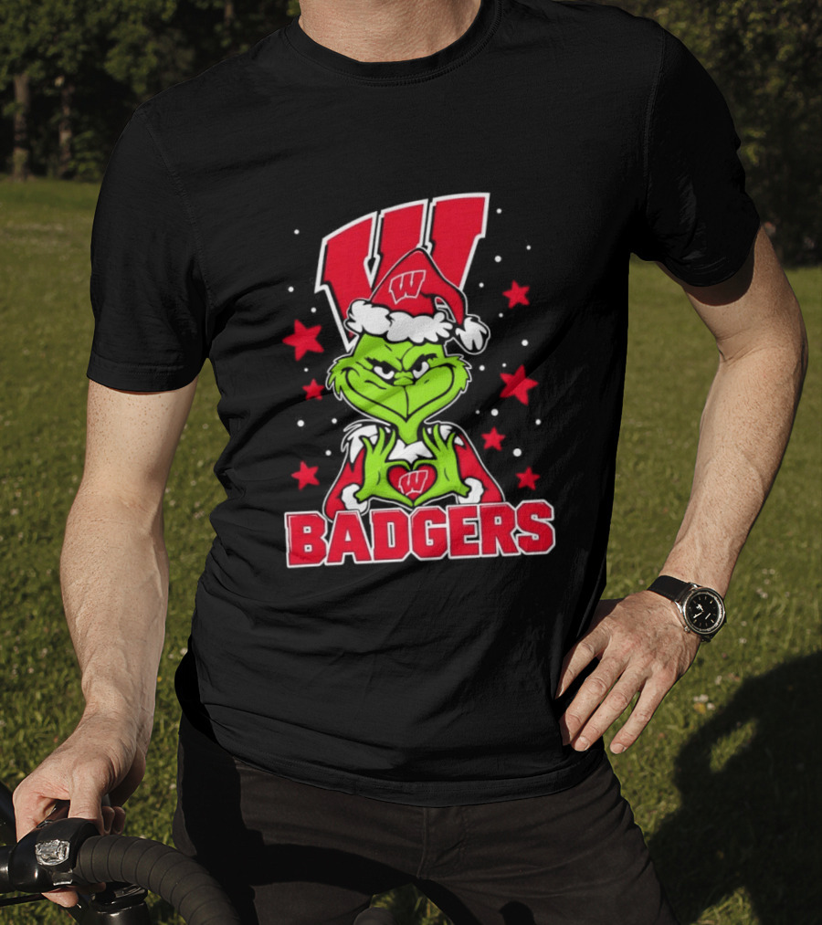 Grinch Wearing Wisconsin Badgers Hat Christmas Sports Fan T-Shirt