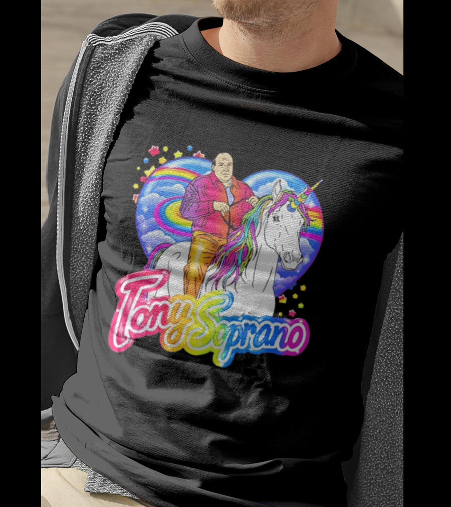 Tony Soprano Riding Rainbow Unicorn With Heart And Stars T-Shirt