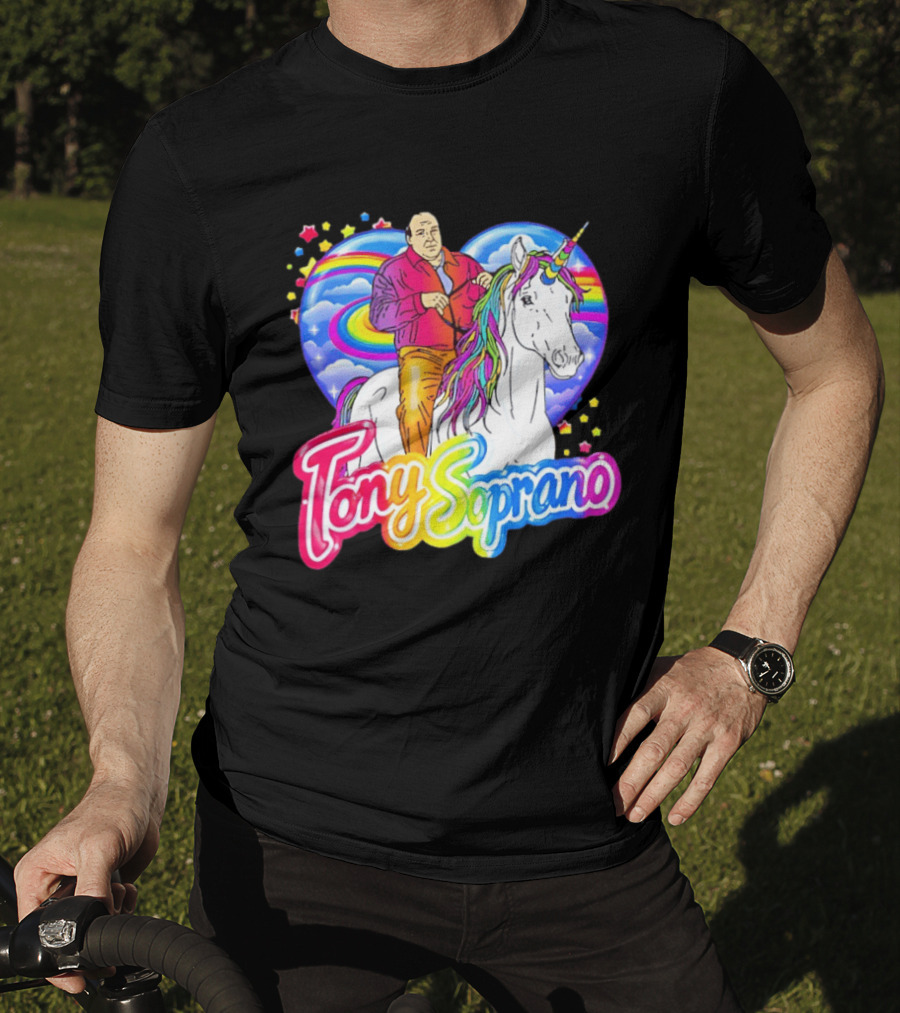 Tony Soprano Riding Rainbow Unicorn With Heart And Stars T-Shirt