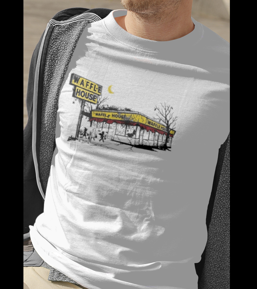 Haunted Waffle House Halloween 2026 Spooky Night Scene With Moon And Trees T-Shirt