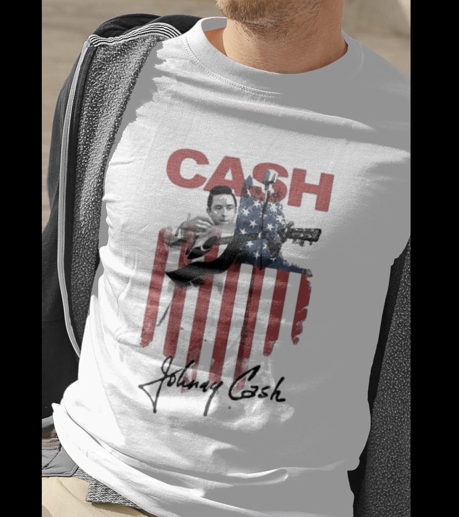 Johnny Cash American Flag Red Guitar Microphone T-Shirt