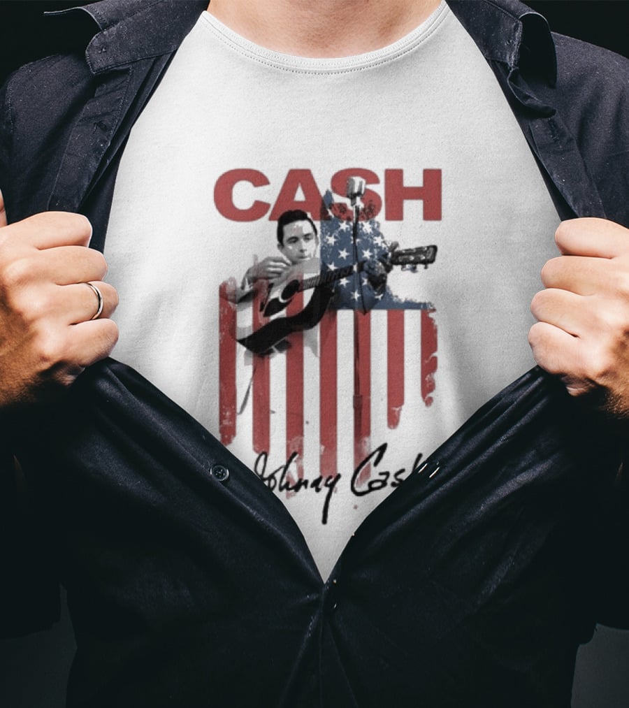 Johnny Cash American Flag Red Guitar Microphone T-Shirt