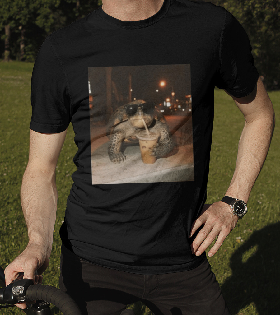 Turtle Wearing Sunglasses Drinking Iced Coffee At Night T-Shirt
