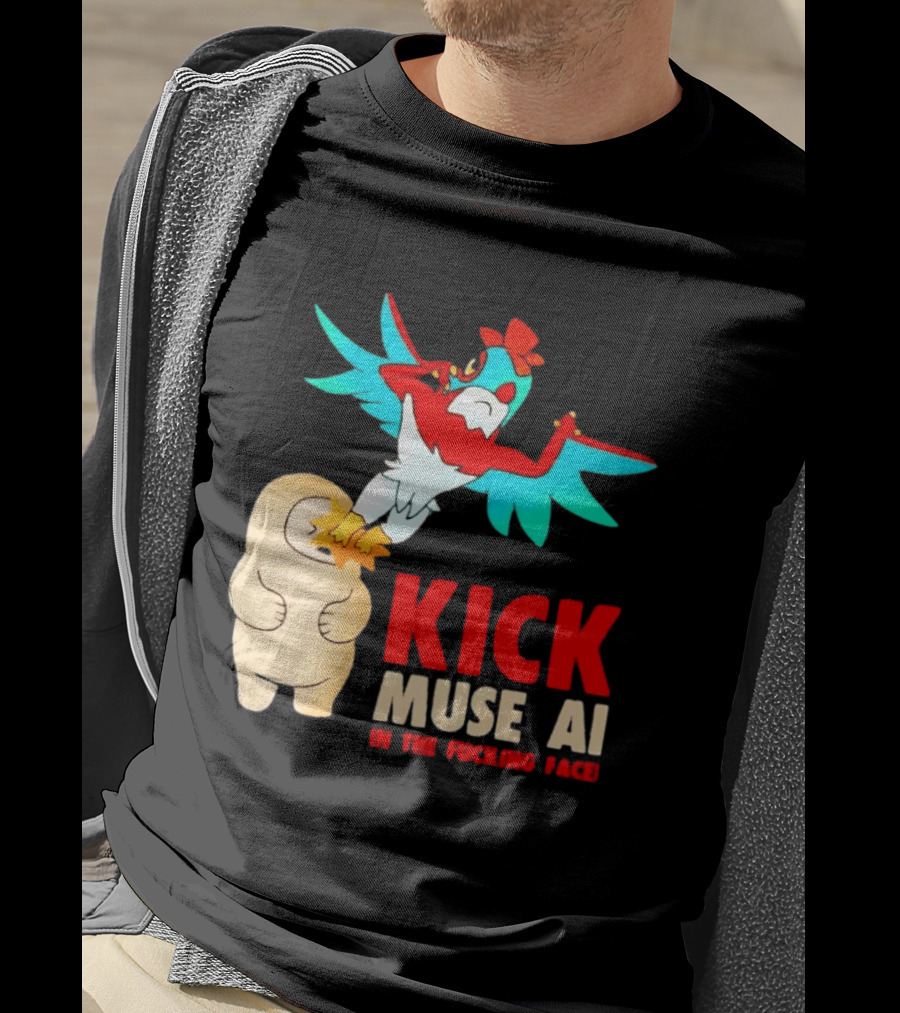 Kick Muse AI In The Face Protest Cartoon Bird Kicking T-Shirt