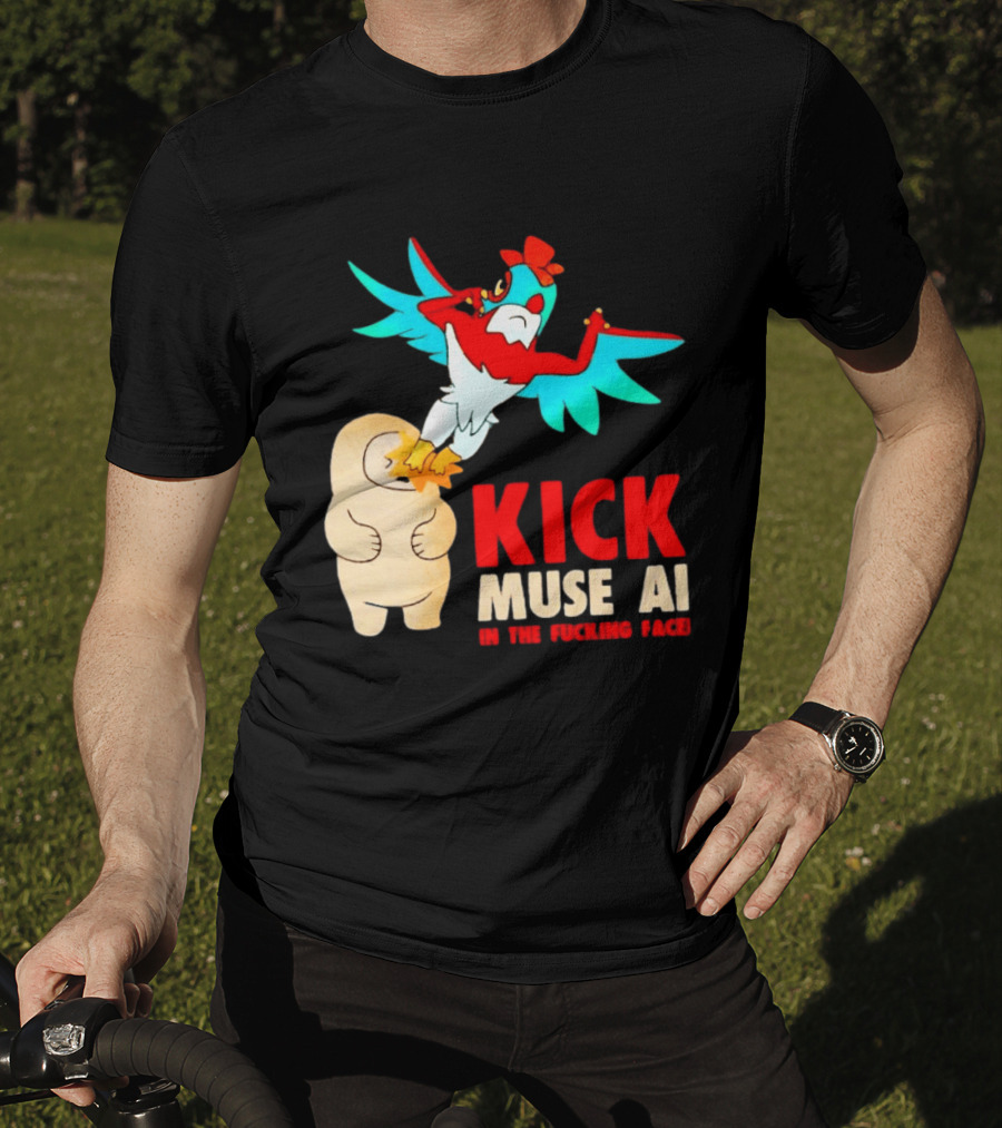 Kick Muse AI In The Face Protest Cartoon Bird Kicking T-Shirt