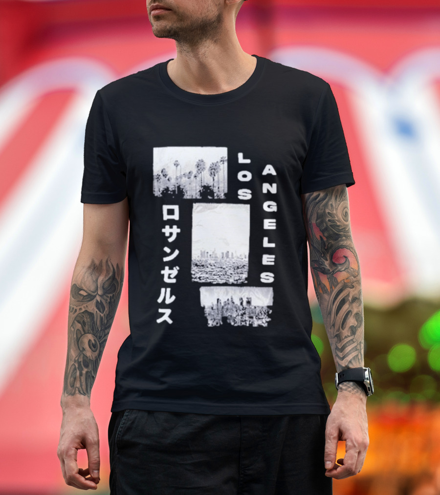 Los Angeles Cityscape With Japanese Text Satin Patch T-Shirt