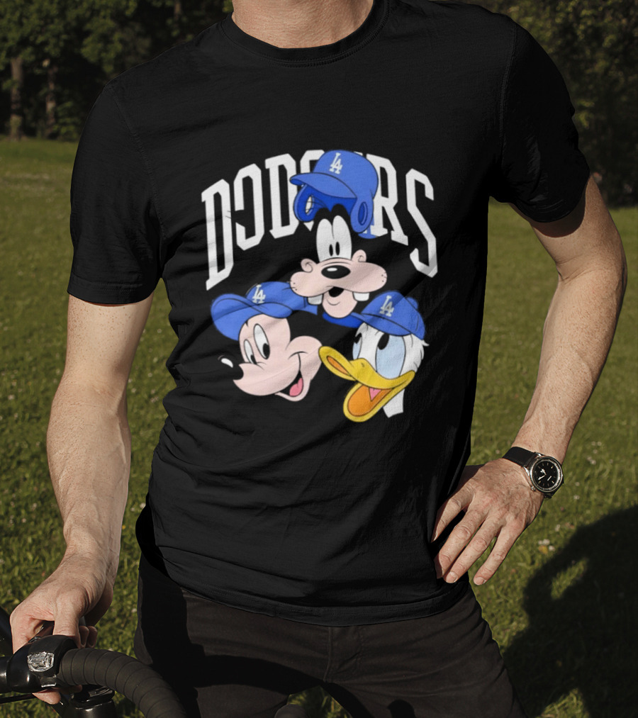 Mickey Mouse Goofy Donald Duck Dodgers Baseball LA Hats T-Shirt