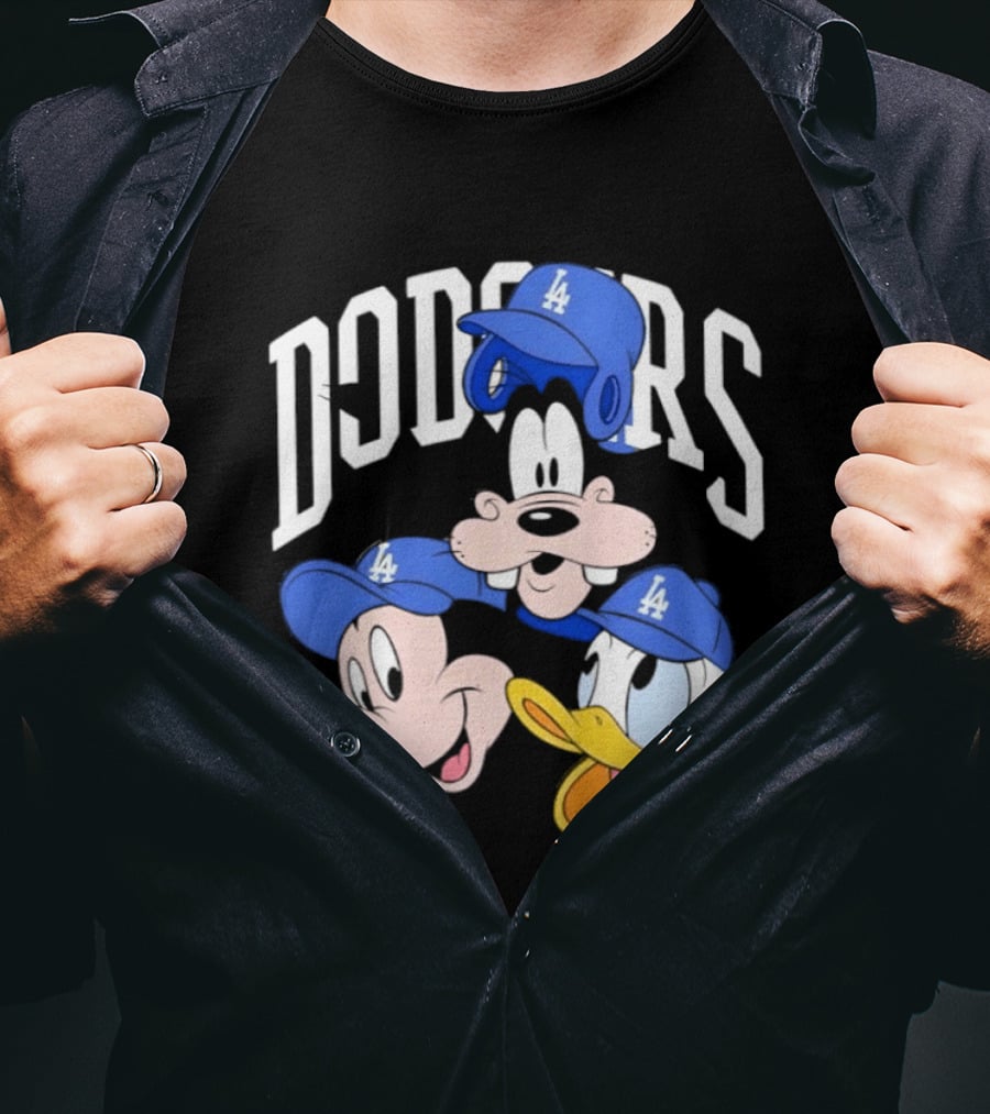Mickey Mouse Goofy Donald Duck Dodgers Baseball LA Hats T-Shirt