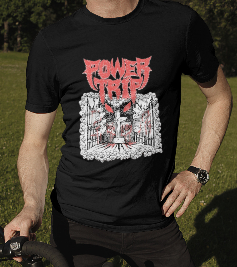 Power Trip Demon Gate Skeleton Cross Red Eyes T-Shirt