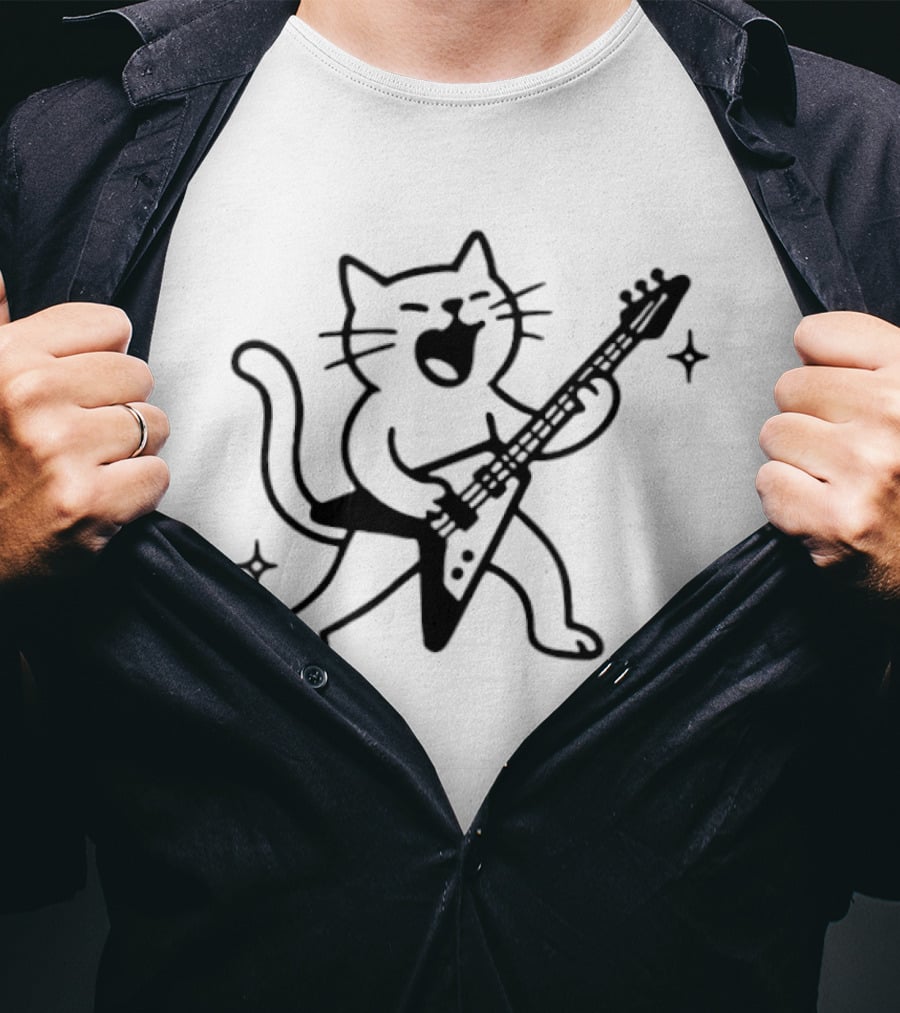 Rocking Cat Playing Electric Guitar With Sparkles T-Shirt