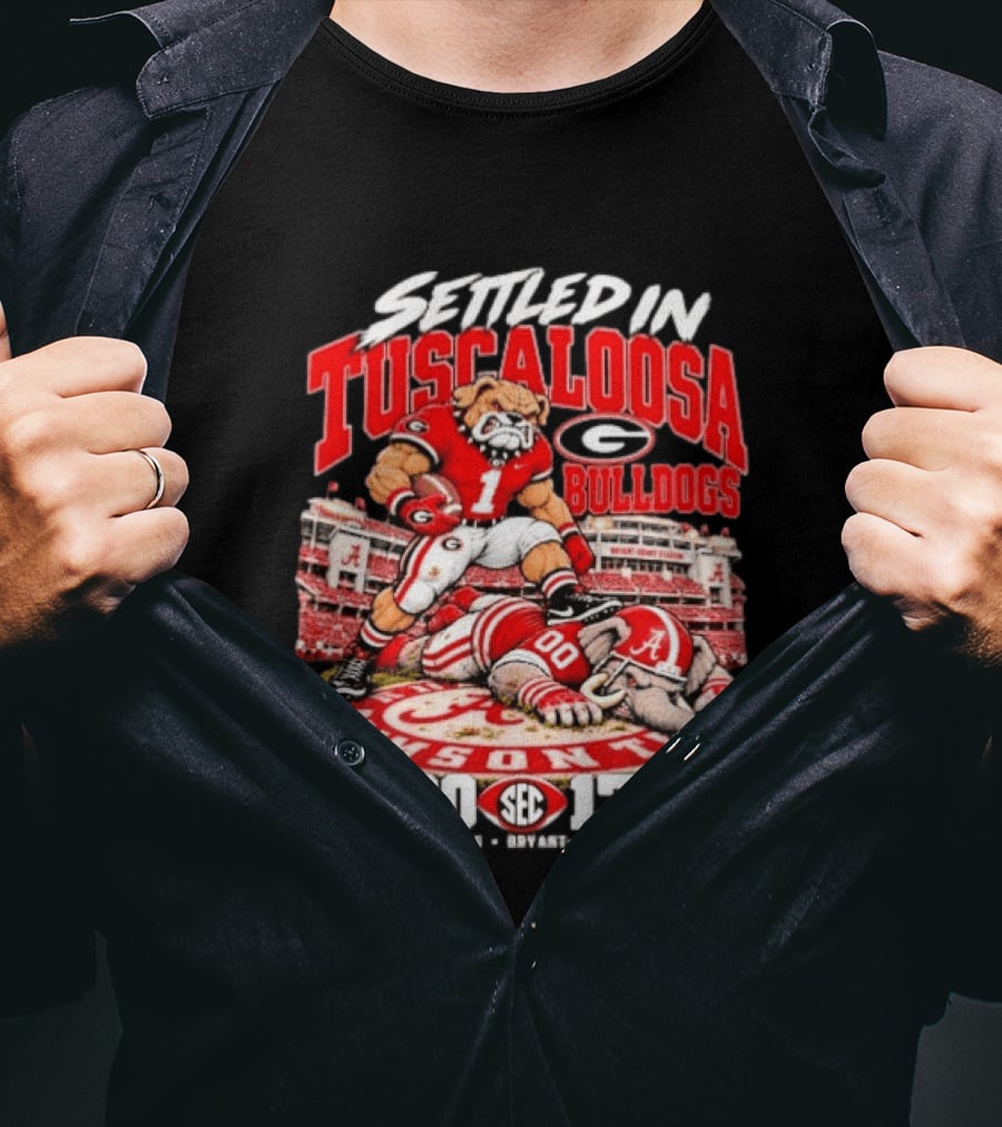 Settled In Tuscaloosa Georgia Bulldogs Vs Alabama Crimson Tide SEC October 10 2026 Bryant Denny Stadium 20 17 T-Shirt