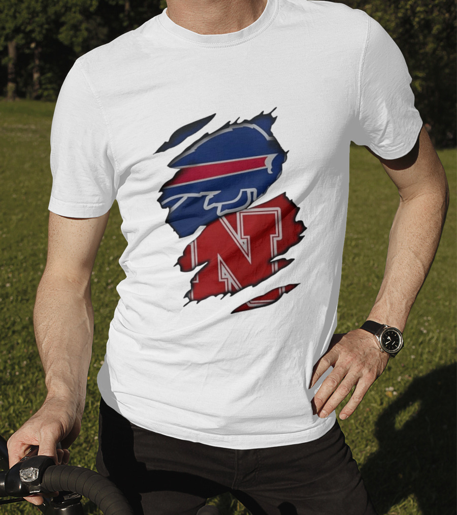 Buffalo Bills Nebraska Cornhuskers Ripped Effect Football Logos T-Shirt