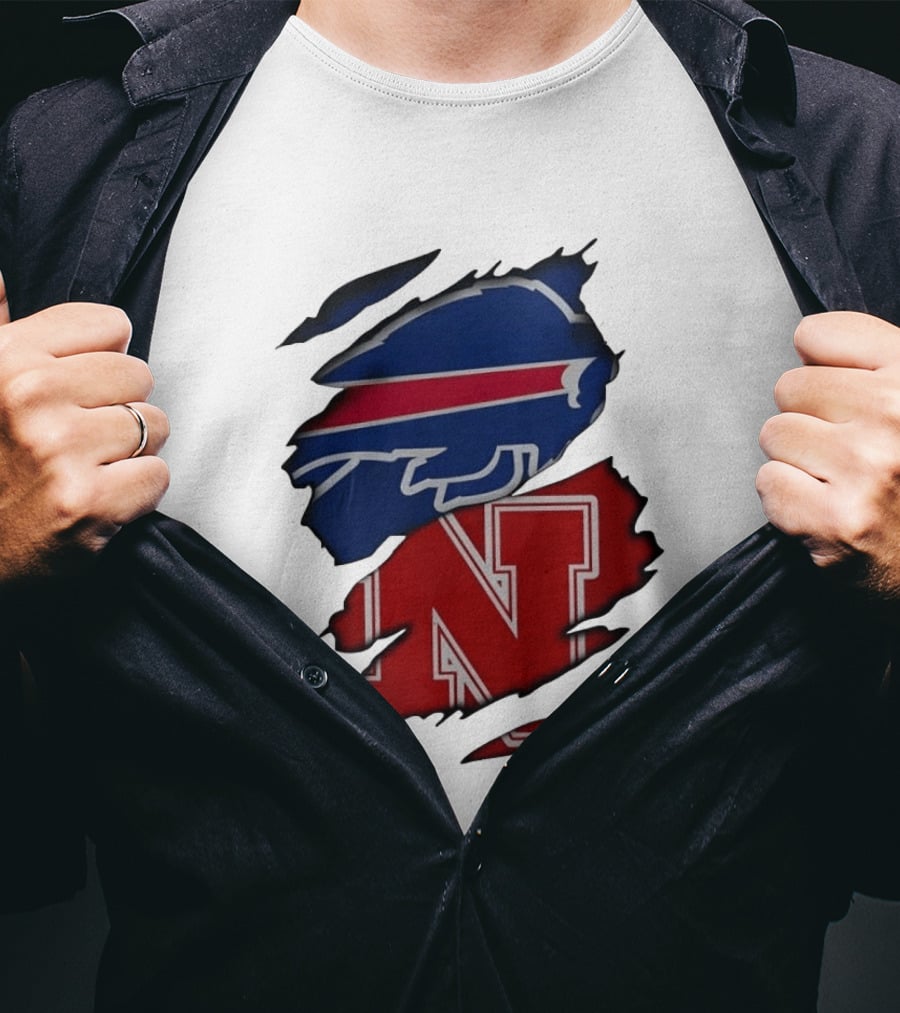Buffalo Bills Nebraska Cornhuskers Ripped Effect Football Logos T-Shirt