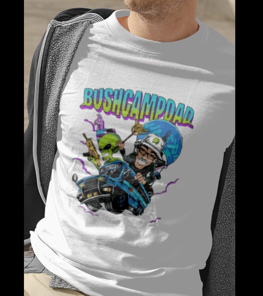 BUSHCAMPDAD Bush Camper The Battle Bus Alien Adventure T-Shirt
