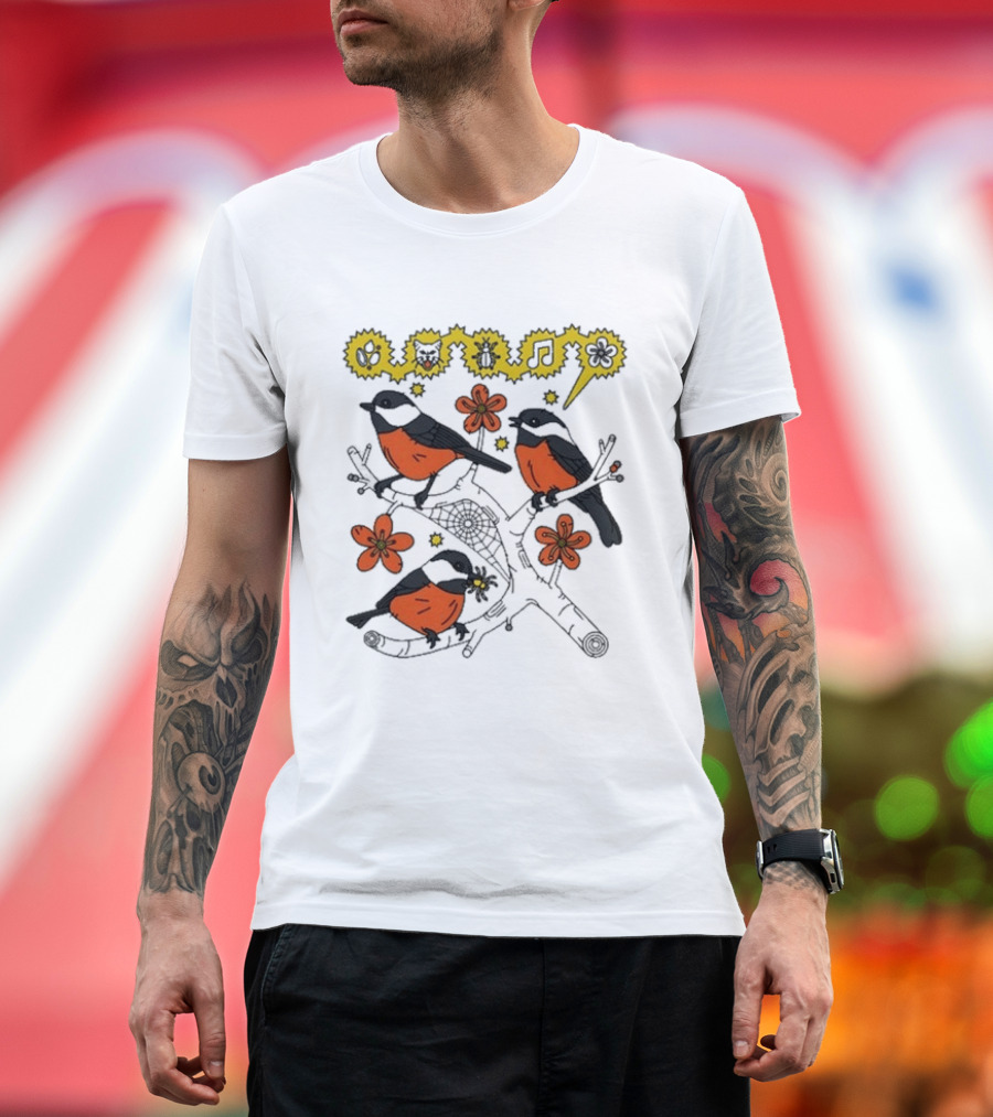 Chickadee Birds With Flowers And Music Notes T-Shirt