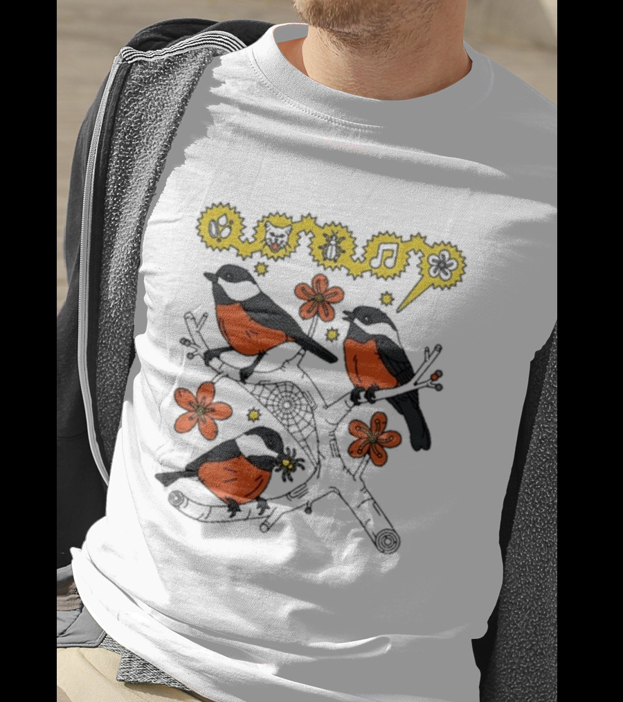 Chickadee Birds With Flowers And Music Notes T-Shirt