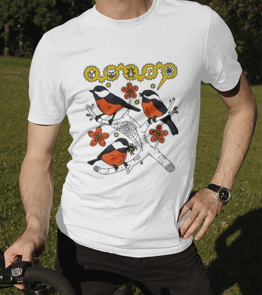 Chickadee Birds With Flowers And Music Notes T-Shirt