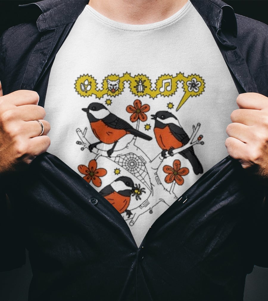 Chickadee Birds With Flowers And Music Notes T-Shirt