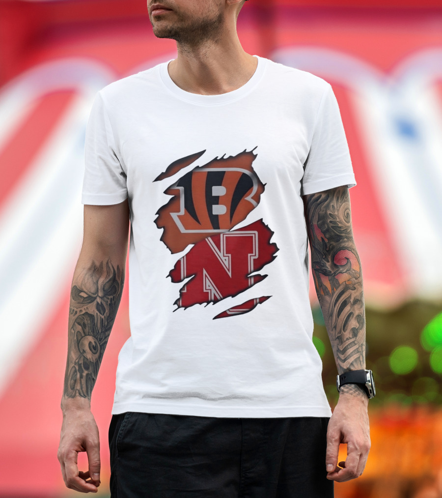 Cincinnati Bengals Nebraska Cornhuskers Combined Logos Ripped Fan Pride T-Shirt
