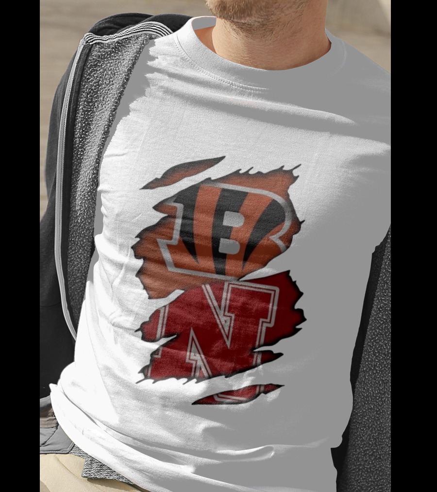 Cincinnati Bengals Nebraska Cornhuskers Combined Logos Ripped Fan Pride T-Shirt