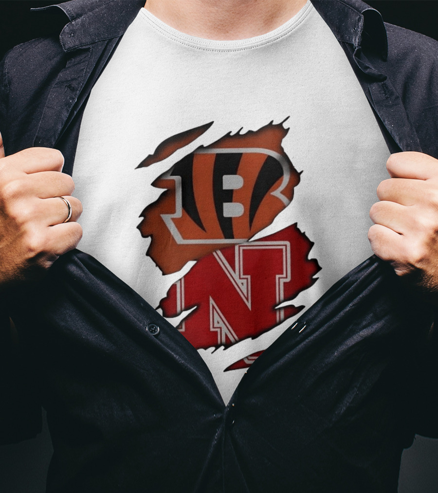 Cincinnati Bengals Nebraska Cornhuskers Combined Logos Ripped Fan Pride T-Shirt